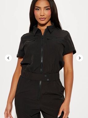 Fashion Nova charcoal grayush black Short Sleeve Zip-Front Jumpsuit XS